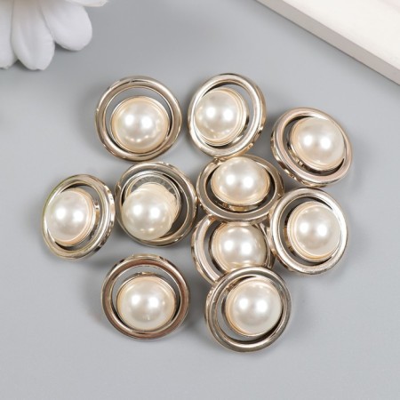 Buttons plastic for creativity on the leg "Pearl in a round frame" set of 10 pcs 2.1x2.1 cm 94135-2