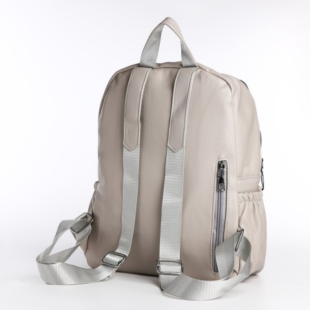 Women's backpack made of artificial leather with lightning, 6 outer pockets, beige color-2