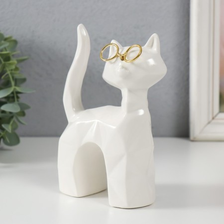 Souvenir Ceramics "White Cat with glasses, tail with a pipe" Grani 10.8x4.6x14.7 cm-3
