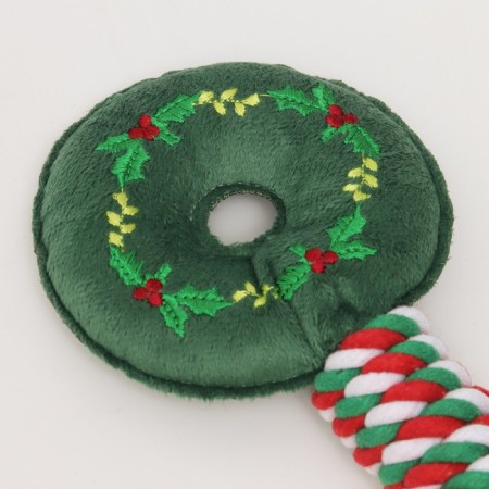 A squeak -soft toy, soft for dogs "New Year Donut" with a rope, 32 cm-3