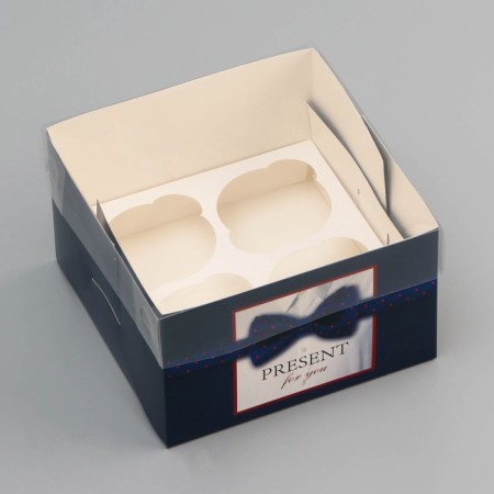 Box for 4 cupcakes with a transparent lid, "Male to Ark", 16 × 16 × 10 cm, confectionery packaging-2