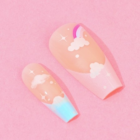 Falled nails "Rainbow", 24 pcs, adhesive plates, ballerina shape, glossy beige/yellow/blue color-4