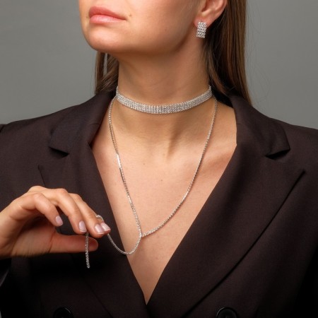 Set 2 objects: earrings, chocker "ice" 4 rows, white color in silver, 44.5 cm