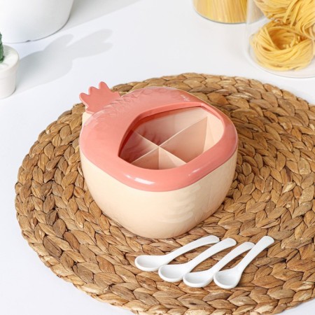 Plastic jar for bulk products "Pineapple", 4 departments, with spoons, 16.5 × 14 × 9 cm, color mix
