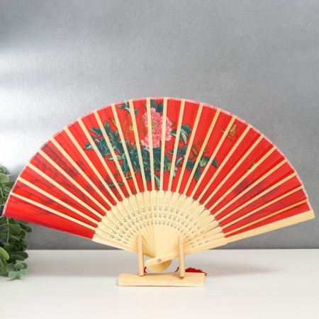Fan Bamboo, Textile H = 23 cm "Ventka with roses" red, with a brush-1