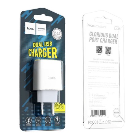 Network charger Hoco C73A, 2 USB, 2.4 A, white-9