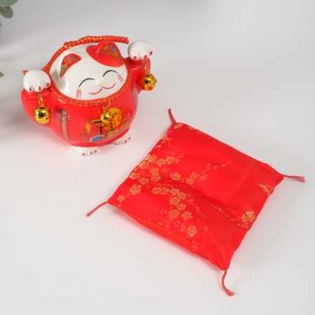 Pig a piggy bank Ceramics "Cat Mani-Neko Red with bells" 10.5x13.5x9 cm-6
