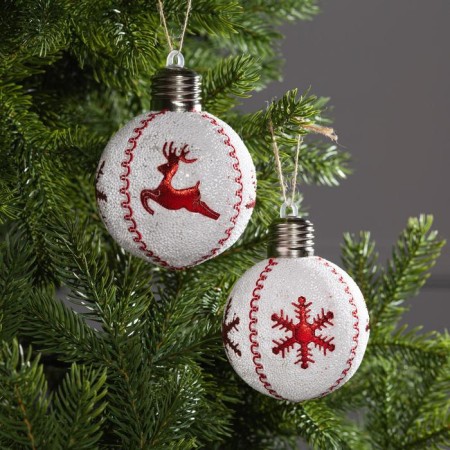 A set of Christmas tree balls “Red snowflakes and deer” 2 pcs., Battery, 1 LED, glow warm white-1
