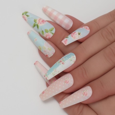 Frighting Nails Provence, 12 pcs, with adhesive plates, ballerina shape, beige/blue color-7