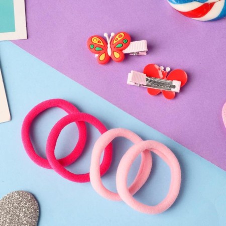Caramel hair set (4 elastic bands, 2 clamps) butterflies, 3.5x2.5 cm, red-pink-2