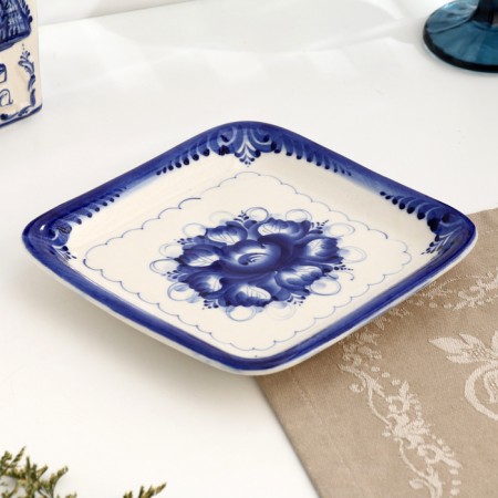 Square dish, gzhel, porcelain, 18x18 cm