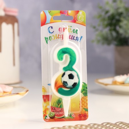 Candle for the Cake "Football", 10.2 cm, green number "3"-1