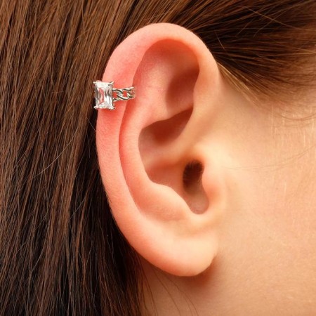 Earring "Kaff" a chain with a rhinestone, white color in silver