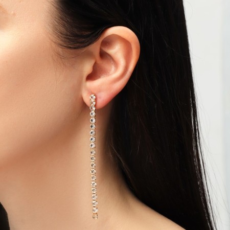 Hanging earrings with the rhinestones “path” minimal, white color in gold, 11 cm-3