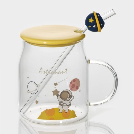 Glass mug with a ceramic lid and tube "Cosmos", 500 ml, color mix-1