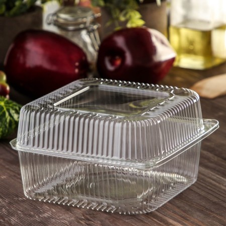 The plastic disposable container with an insoluble lid pr-K-15 V, square, 250 ml, 15.2 × 15.2 × 8.1 cm