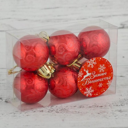 Set of balls plastic D-4 cm, 6 pcs "Frosty Winter" red-1
