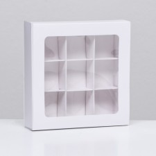 Box for 9 sweets with a shell, with a window, with thin dividers, white 14.7x14.7x3.4 cm