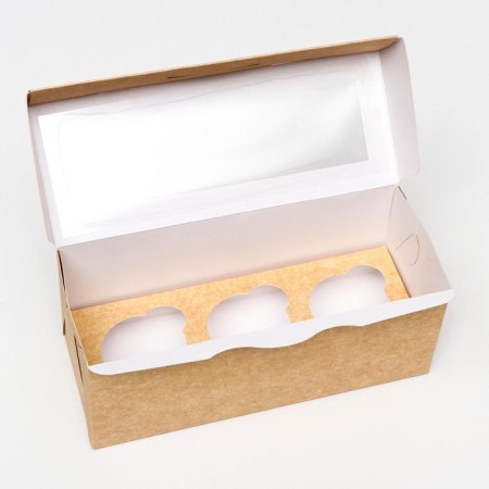 Packaging for 3 cupcake with a window, craft, 25 x 10 x 10 cm-1