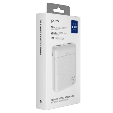 External battery PERO PB01, 5000 mAh, 2 USB, 2.1 A, indicator, white-3