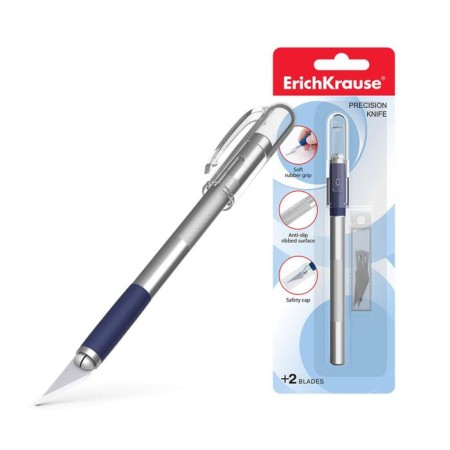Chancellery knife "Scalpel", a completely metal case with a rubber capture and a protective cap, two spare blades, a blister