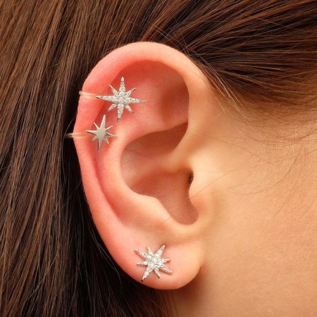 Earrings "Kuffs" polar stars, set 3 pcs, white color in silver