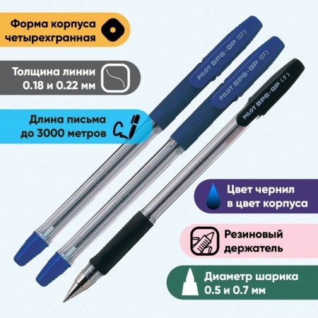 A set of ballpoints Pilot BPS-GP, rubber emphasis, 0.7 mm, oil base, 2 blue + 1 black, BPS-GP-F