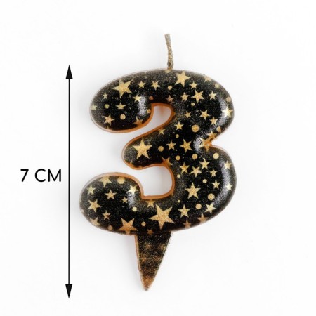Candle in the Sanata cake, number "3", black with gold stars, 5.5 cm-1