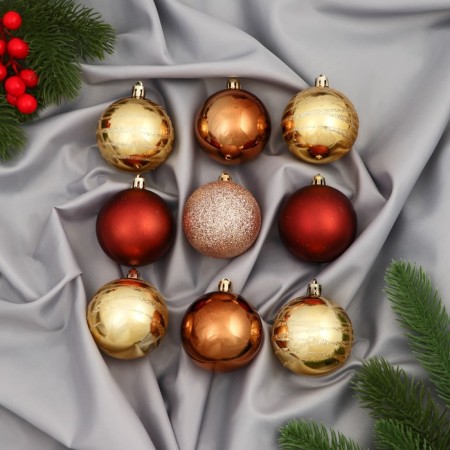 Set of balls plastic D-6 cm, 9 pcs "Adele" Rings, Bordeaux gold