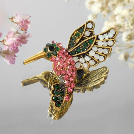 Broach "Bird" hummingbirds, the color of raspberry-green in black gold-4