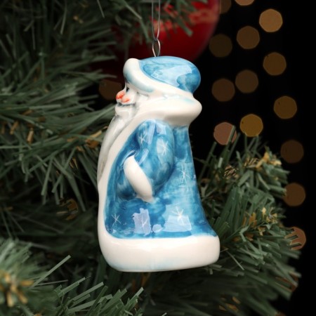Fir -tree porcelain toy "Santa Claus", blue fur coat, 8.5 cm-1
