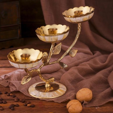 Brass Brass for 3 candles "Three Budons" with mother -of -pearl 25.5x10x18.5 cm-3