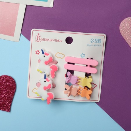 Hair set "Tiny" (2 elastic bands, 2 clamps, 4 crab) Magic unicorn, mix
