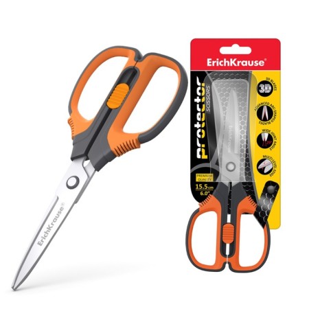 Scissors Erichkrause "Protector Lock", 15.5 cm, with a latch, gray-orange