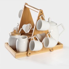 A coffee porcelain set on the Bellatenero bamboo stand, 15 objects: a kettle 850 ml, 6 mugs 70 ml, a sugar tower with a spoon of 300 ml, milk milk 250 ml, 6 saucers, white color