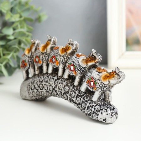 Polystone souvenir "Five elephants on a tusk with flowers" silver 17x4x8 cm-4