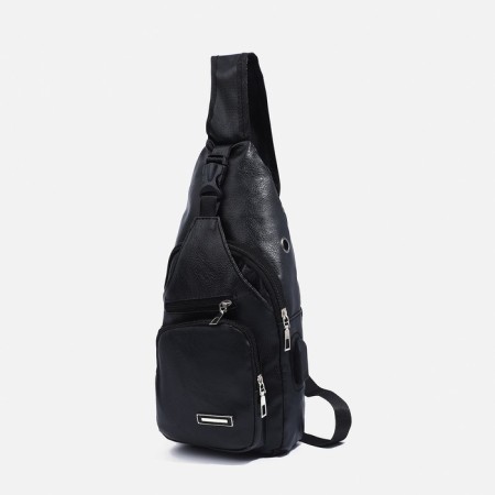 Male sling bag made of artificial leather, with USB, black color