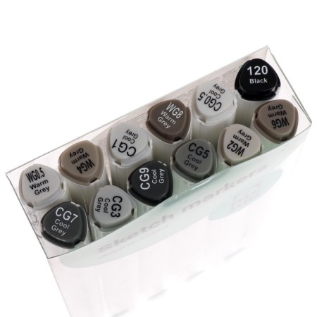Meshu bilateral markers for sketching, 12 colors (gray colors)-1