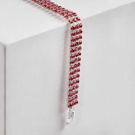 Bracelet with rhinestones "shining" three rows, red color in silver, 18 cm-5