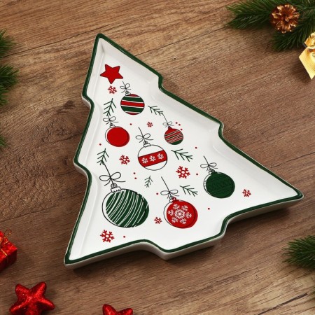 New Year! New Year's ceramic dish "Christmas tree toys", 23x22x2 cm, white color-1