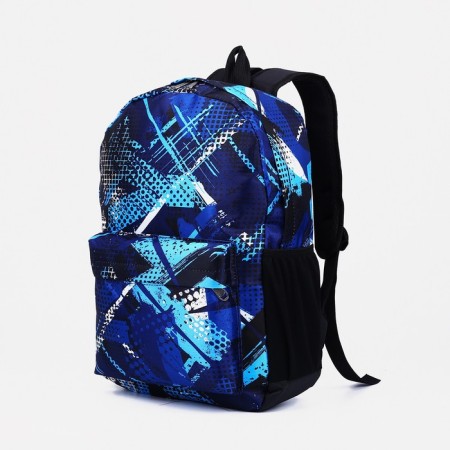 School backpack from textiles on lightning, external pocket, blue/blue color-2