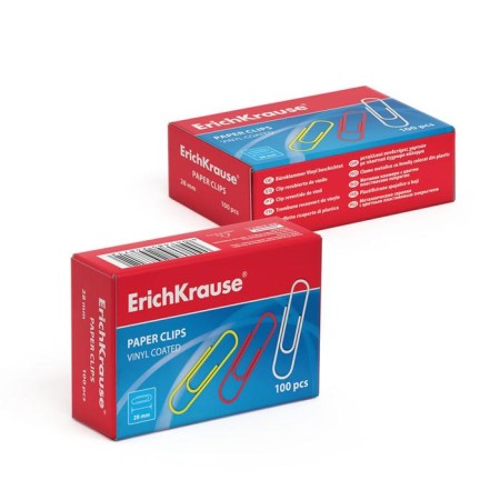 Office paper clips 28 mm, 100 pcs, Erichkrause, colored with vinyl coating, cardboard packaging, mix-2