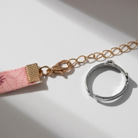 Set 2 objects: ring, chocker "Japan" cute, white-pink color in silver-gold metal, 30 cm-1