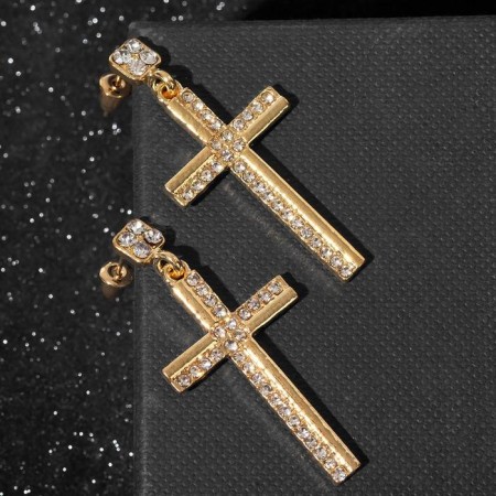 Earrings with rhinestones "crosses" stripes, white color in gold-1