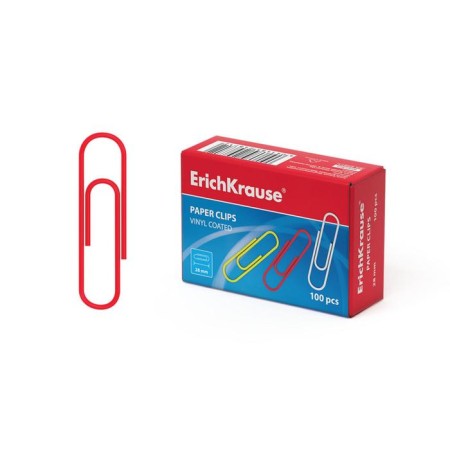 Office paper clips 28 mm, 100 pcs, Erichkrause, colored with vinyl coating, cardboard packaging, mix