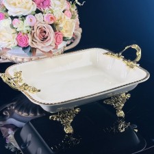 Dish with lenardi handles, on legs, porcelain, length 30.5 cm