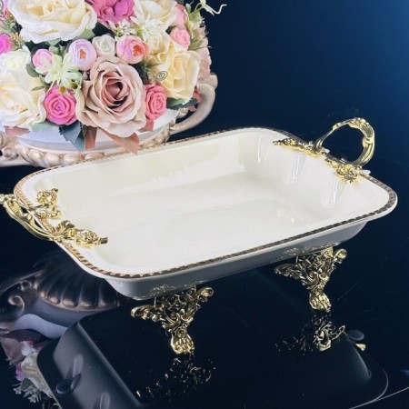 Dish with lenardi handles, on legs, porcelain, length 30.5 cm