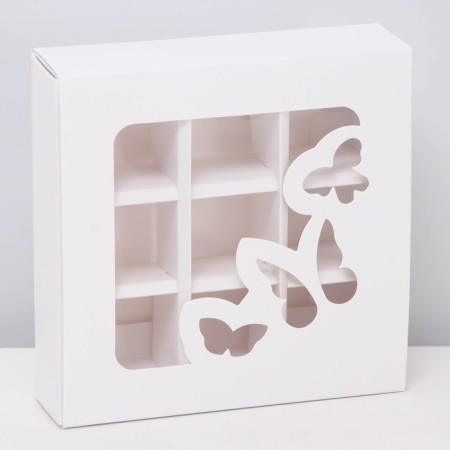 Box for 9 sweets cutting down, "butterflies", white 13.7 x 13.7 x 3.8 cm