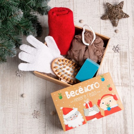 Gift set of "Fun New Year" towel 30x60 cm and bath ACCs. (4 subjects)