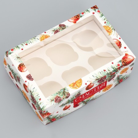 Folding box for 6 cupcakes with the window "Happiness in the New Year", 25 x 17 x 10 cm, New Year-2